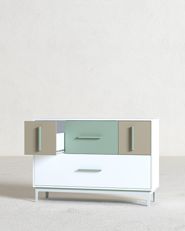 Madia SELENE - 4 cassetti - L.134,3cm x H.94cm x P.41cm - Biancoluna/Oliva/Clay - doomostore