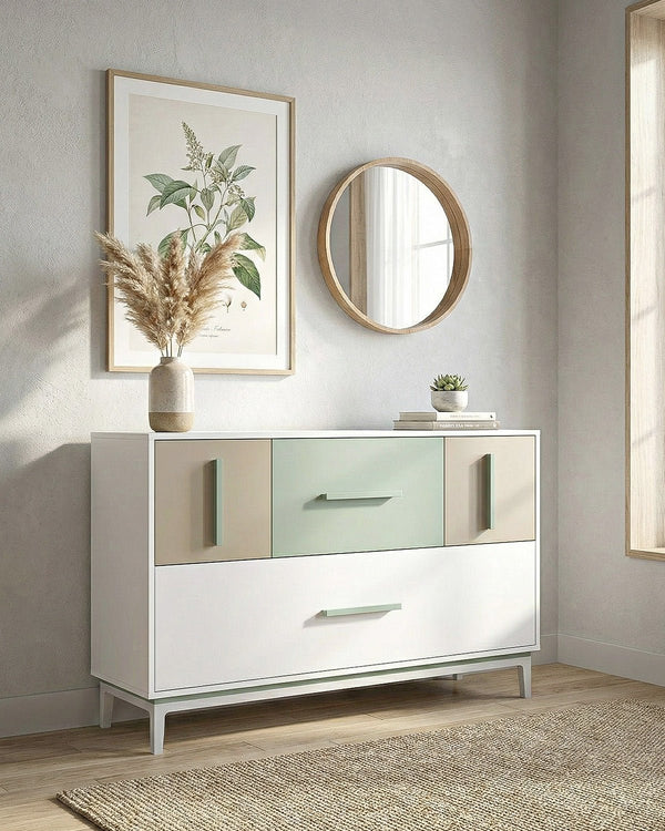 Madia SELENE - 4 cassetti - L.134,3cm x H.94cm x P.41cm - Biancoluna/Oliva/Clay - doomostore