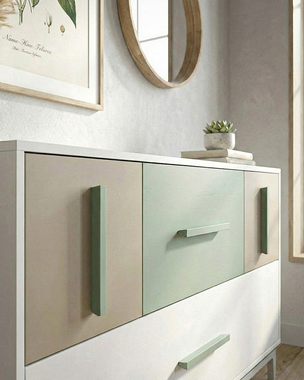 Madia SELENE - 4 cassetti - L.134,3cm x H.94cm x P.41cm - Biancoluna/Oliva/Clay - doomostore