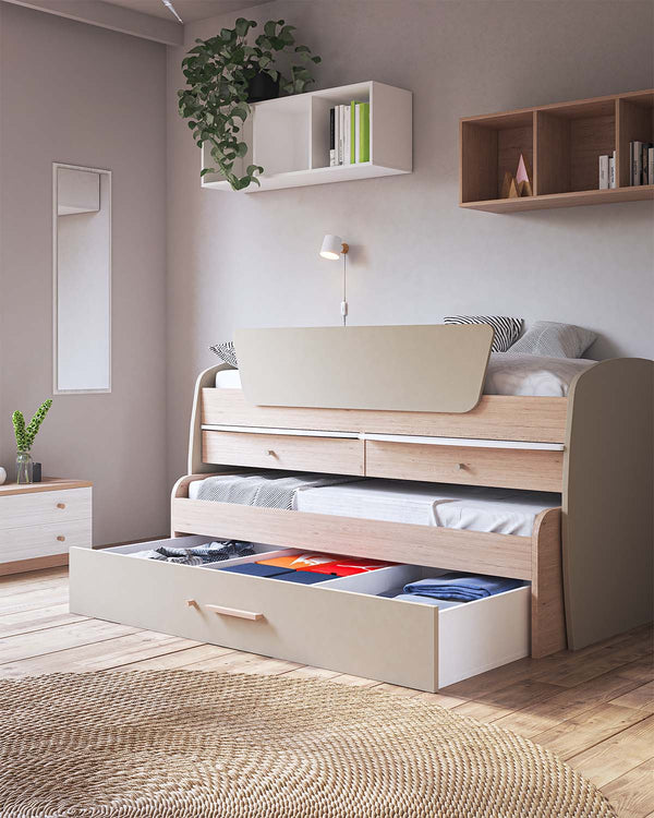 Letto attrezzato Lisa - Letto salvaspazio moderno per cameretta - Con scrittoio, 1 letti inferiori e 1 cassettone estraibili - 7 varianti colore personalizzabili - Rete a doghe e scaletta inclusi - doomostore