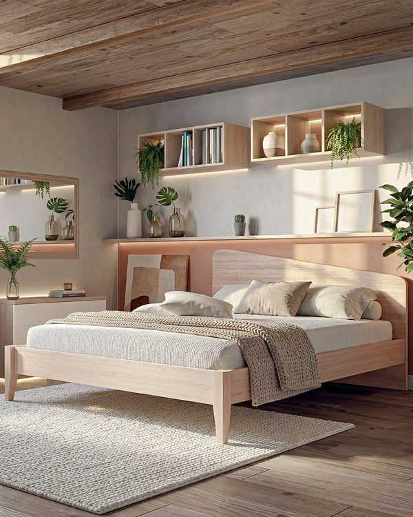 Letto Luna con piedi in legno - Matrimoniale - 10 colori - Design moderno - doomostore