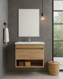 Mobile bagno Mira - Mobile sospeso 80cm - Rovere di bordeaux - Con lavabo ceramica e specchio - 2 ante slow - motion e vano a giorno - doomostore