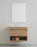 Mobile bagno Mira - Mobile sospeso 80cm - Rovere di bordeaux - Con lavabo ceramica e specchio - 2 ante slow - motion e vano a giorno - doomostore