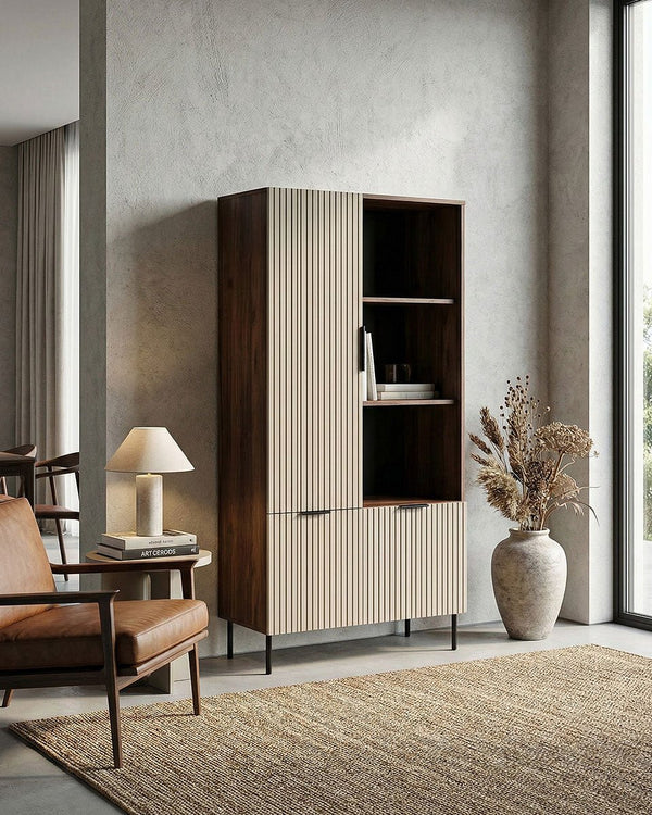 Libreria Chimona - Set Inva - Mobile soggiorno - 3 ante e 3 vani - Ripiani inclusi - L. 90 cm x H. 166 cm x P.42 cm - Chasmere/Noce - doomostore