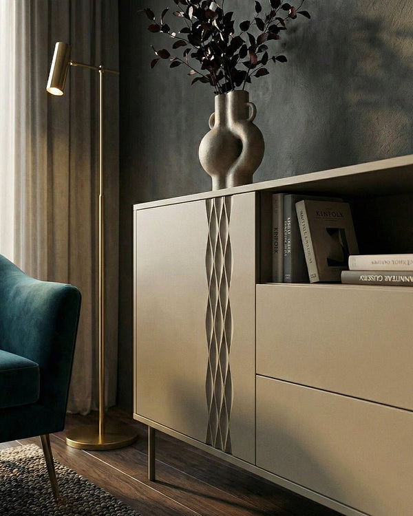 Madia Nerva - Set Braid - Mobile alto per soggiorno, moderno - 1 anta e 2 cassetti - L. 100 cm x H. 75 cm x P.40 cm - Cashmere - doomostore