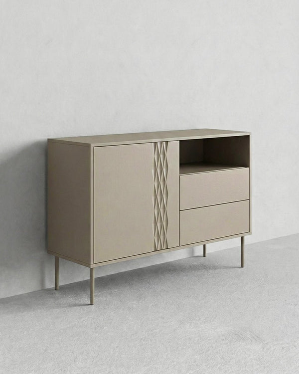 Madia Nerva - Set Braid - Mobile alto per soggiorno, moderno - 1 anta e 2 cassetti - L. 100 cm x H. 75 cm x P.40 cm - Cashmere - doomostore