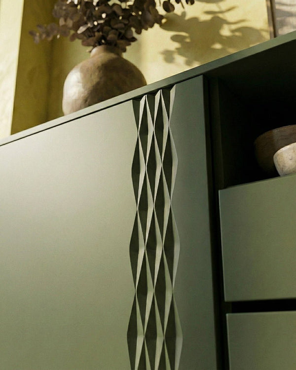 Madia Rili - Set Braid - Mobile alto per soggiorno, moderno - 1 anta e 2 cassetti - L. 100 cm x H. 75 cm x P.40 cm - Oliva - doomostore