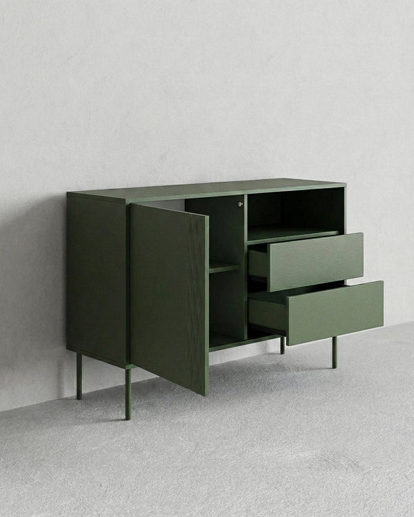 Madia Rili - Set Braid - Mobile alto per soggiorno, moderno - 1 anta e 2 cassetti - L. 100 cm x H. 75 cm x P.40 cm - Oliva - doomostore