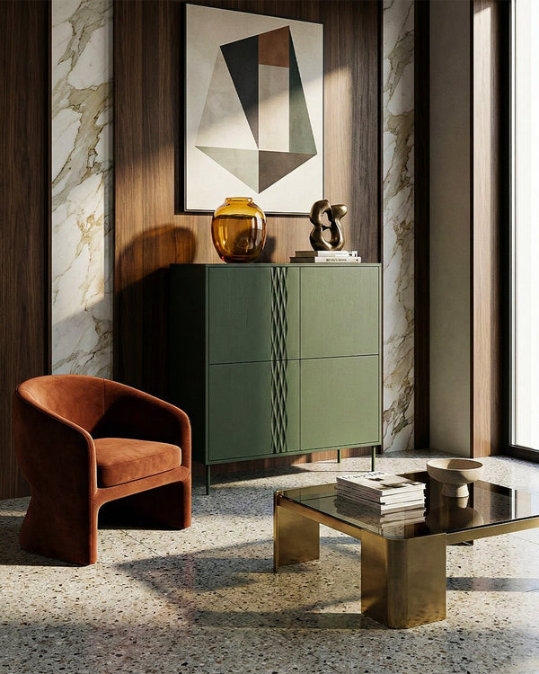 Madia Plisse - Set Braid - Mobile libreria per soggiorno, moderno - 4 ante - L. 100 cm x H. 110 cm x P.40 cm - Oliva - doomostore