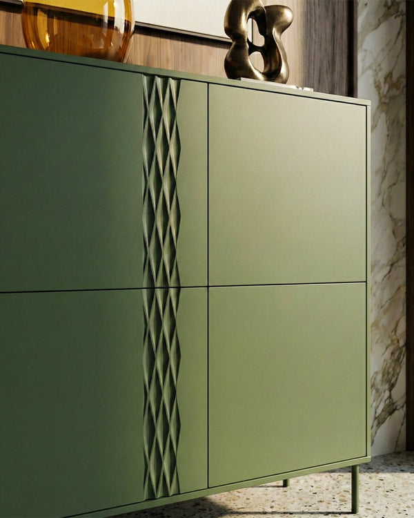 Madia Plisse - Set Braid - Mobile libreria per soggiorno, moderno - 4 ante - L. 100 cm x H. 110 cm x P.40 cm - Oliva - doomostore