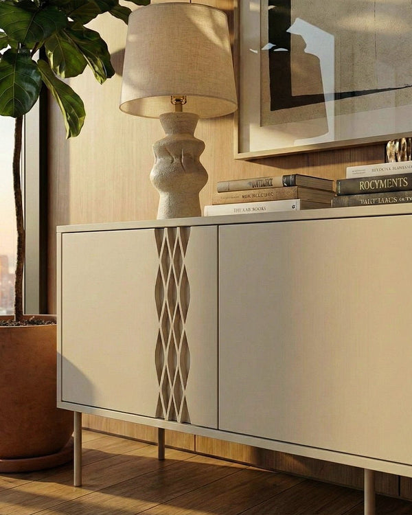 Madia Torsi - Set Braid - Mobile Tv per soggiorno, moderno - 3 ante - L. 150 cm x H. 55 cm x P.40 cm - Cashmere - doomostore