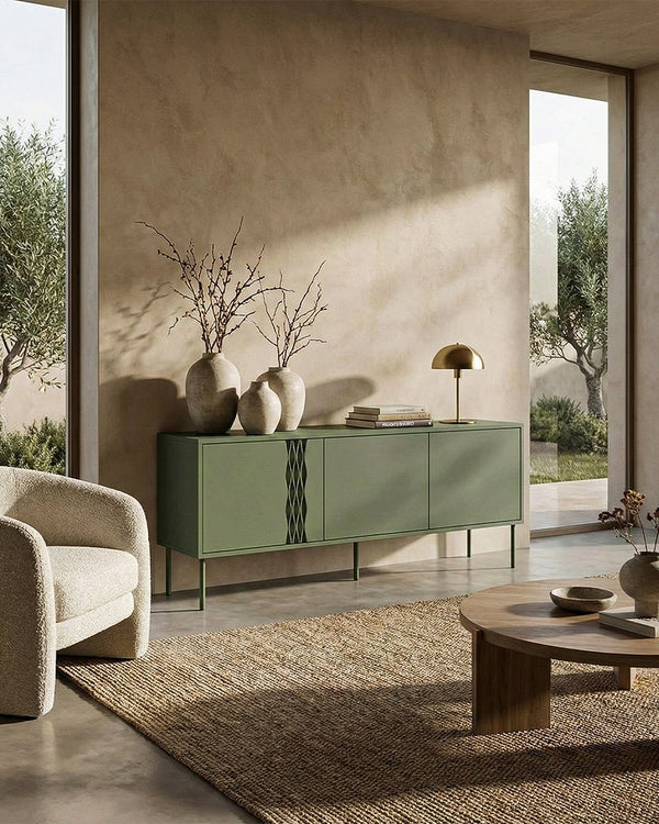 Madia Cruna - Set Braid - Mobile Tv per soggiorno, moderno - 3 ante - L. 150 cm x H. 55 cm x P.40 cm - Oliva - doomostore