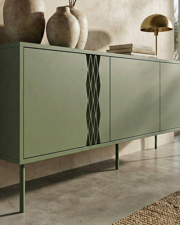 Madia Cruna - Set Braid - Mobile Tv per soggiorno, moderno - 3 ante - L. 150 cm x H. 55 cm x P.40 cm - Oliva - doomostore