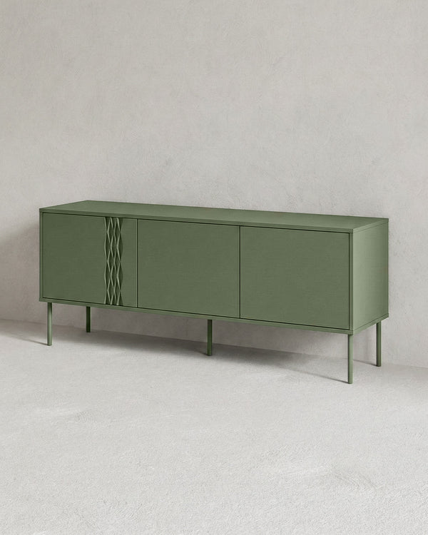 Madia Cruna - Set Braid - Mobile Tv per soggiorno, moderno - 3 ante - L. 150 cm x H. 55 cm x P.40 cm - Oliva - doomostore