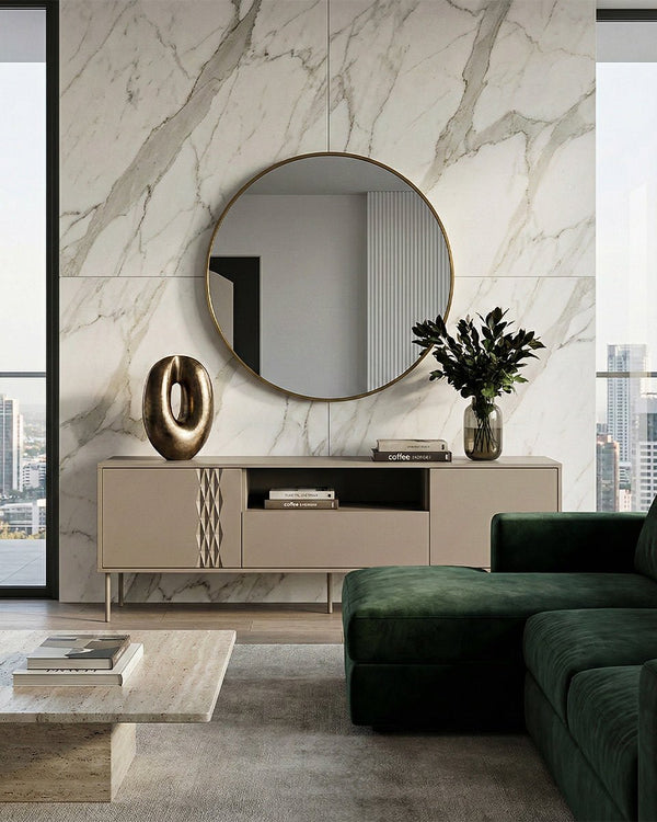 Madia Scanalo - Set Braid - Mobile Tv per soggiorno, moderno - 3 ante - L. 180 cm x H. 54,5 cm x P.40 cm - Cashmere - doomostore