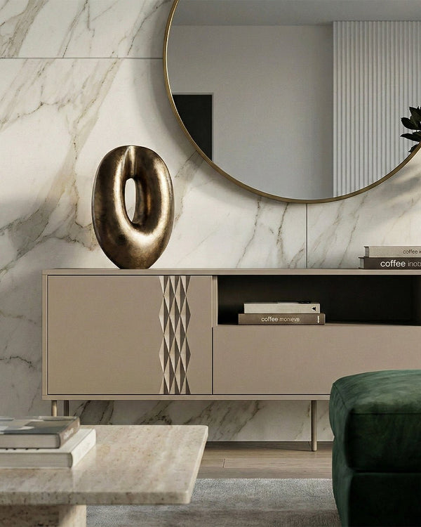 Madia Scanalo - Set Braid - Mobile Tv per soggiorno, moderno - 3 ante - L. 180 cm x H. 54,5 cm x P.40 cm - Cashmere - doomostore