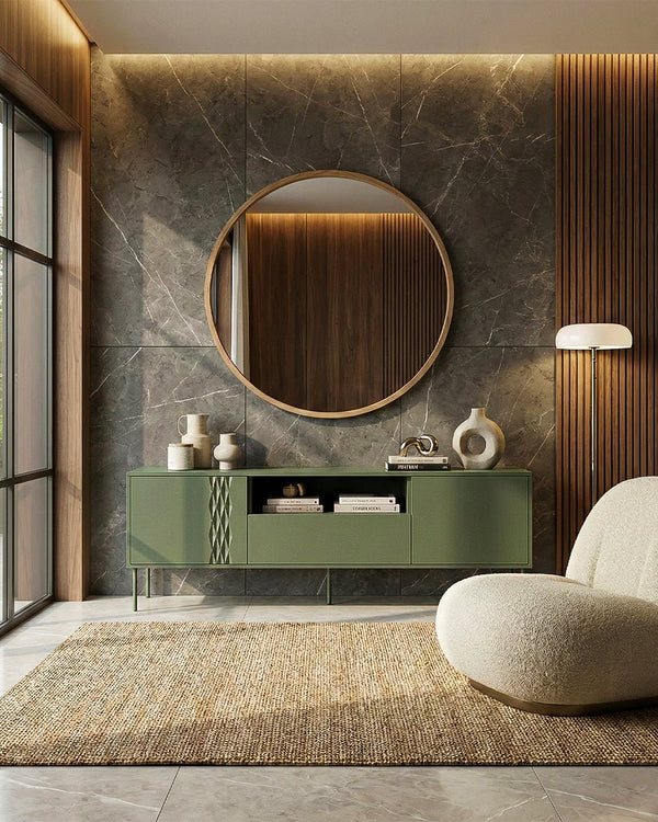 Madia Seque - Set Braid - Mobile Tv per soggiorno, moderno - 3 ante - L. 180 cm x H. 54,5 cm x P.40 cm - Oliva - doomostore