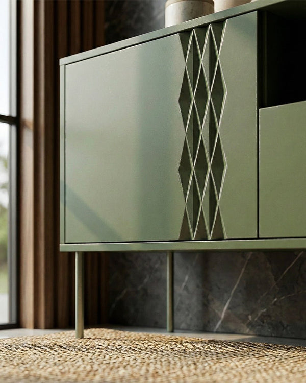 Madia Seque - Set Braid - Mobile Tv per soggiorno, moderno - 3 ante - L. 180 cm x H. 54,5 cm x P.40 cm - Oliva - doomostore