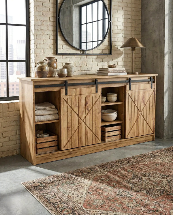 Madia Lazo - Set FarWest - Mobile per soggiorno e ingresso, vintage - 2 ante scorrevoli - L. 160 cm x H. 80,5 cm x P. 35 cm - Rovere wotan