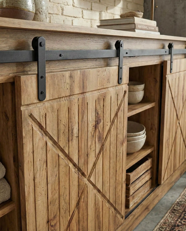 Madia Lazo - Set FarWest - Mobile per soggiorno e ingresso, vintage - 2 ante scorrevoli - L. 160 cm x H. 80,5 cm x P. 35 cm - Rovere wotan