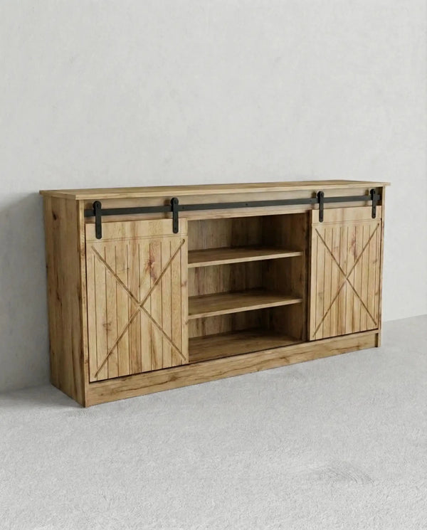 Madia Lazo - Set FarWest - Mobile per soggiorno e ingresso, vintage - 2 ante scorrevoli - L. 160 cm x H. 80,5 cm x P. 35 cm - Rovere wotan - doomostore