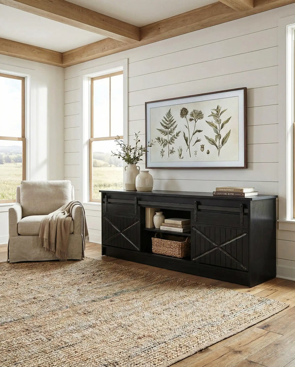 Madia Ravide - Set FarWest - Mobile Tv per soggiorno, vintage - 2 ante scorrevoli - L. 200 cm x H. 56 cm x P. 35 cm - Nero