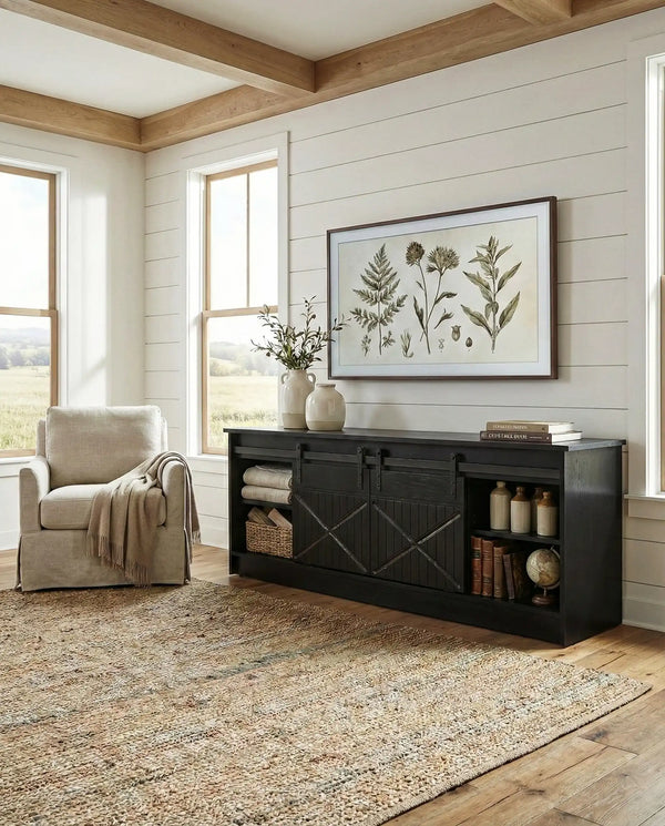 Madia Ravide - Set FarWest - Mobile Tv per soggiorno, vintage - 2 ante scorrevoli - L. 200 cm x H. 56 cm x P. 35 cm - Nero