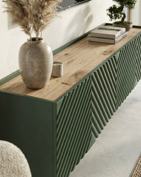 Madia Coris - Set Marea - Mobile Tv sospeso moderno - 4 ante - L. 200 cm x H. 35 cm x P.40 cm - Verde - doomostore