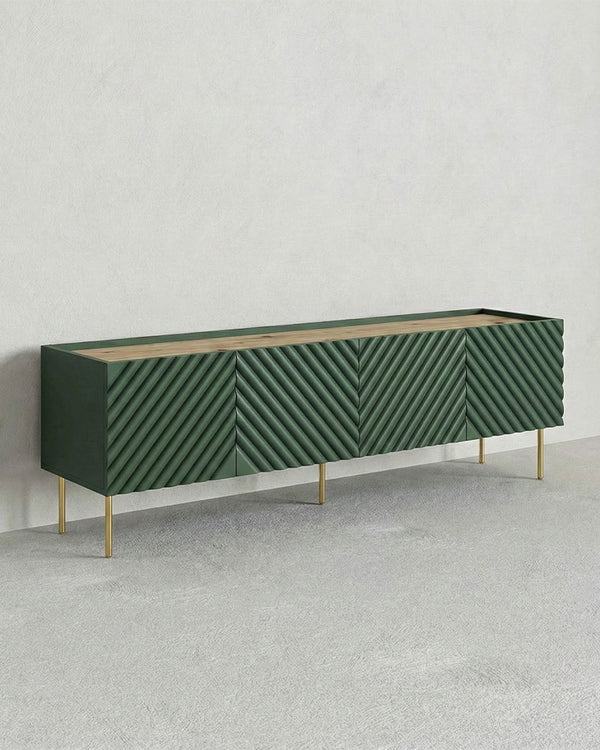 Madia Moray - Set Marea - Mobile Tv moderno - 4 ante - L. 200 cm x H. 54 cm x P.40 cm - Verde, piedini color oro - doomostore