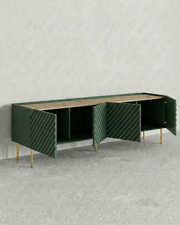 Madia Moray - Set Marea - Mobile Tv moderno - 4 ante - L. 200 cm x H. 54 cm x P.40 cm - Verde, piedini color oro - doomostore