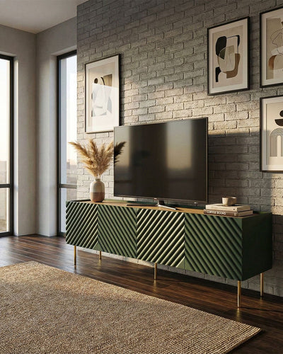 Madia Moray - Set Marea - Mobile Tv moderno - 4 ante - L. 200 cm x H. 54 cm x P.40 cm - Verde, piedini color oro