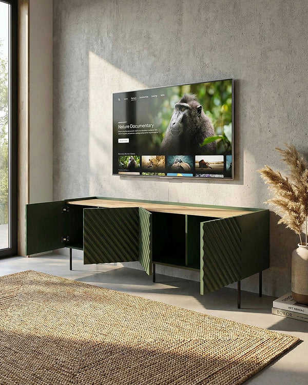 Madia Cetus - Set Marea - Mobile Tv moderno - 4 ante - L. 200 cm x H. 54 cm x P.40 cm - Verde, piedini color nero - doomostore