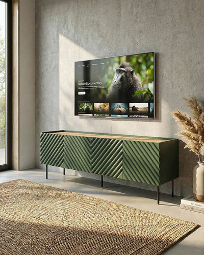 Madia Cetus - Set Marea - Mobile Tv moderno - 4 ante - L. 200 cm x H. 54 cm x P.40 cm - Verde, piedini color nero