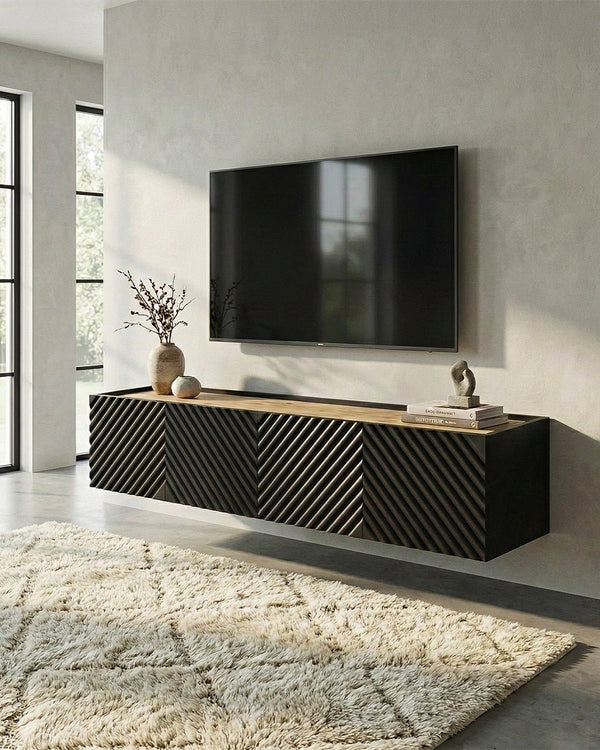 Madia Triton - Set Marea - Mobile Tv sospeso moderno - 4 ante - L. 200 cm x H. 35 cm x P.40 cm - Nero - doomostore