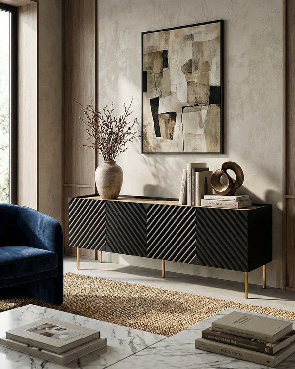 Madia Delfi - Set Marea - Mobile Tv moderno - 4 ante - L. 200 cm x H. 54 cm x P.40 cm - Nero, piedini color oro - doomostore