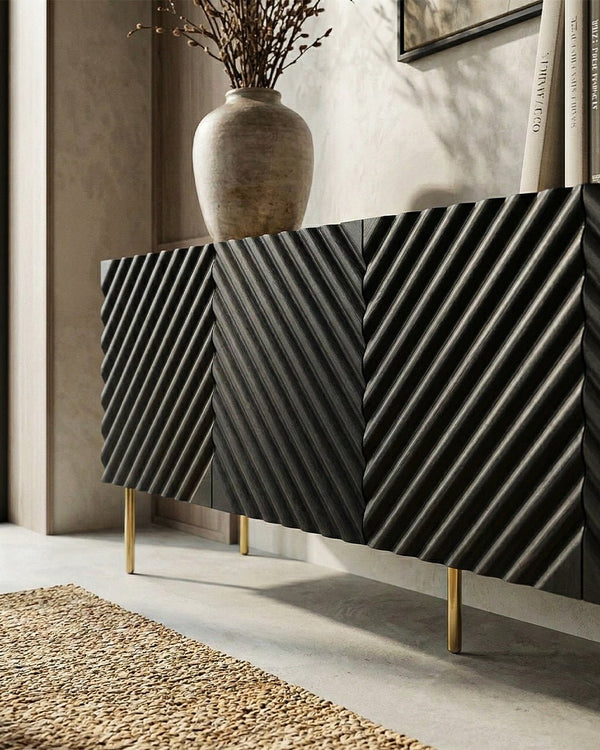 Madia Delfi - Set Marea - Mobile Tv moderno - 4 ante - L. 200 cm x H. 54 cm x P.40 cm - Nero, piedini color oro - doomostore