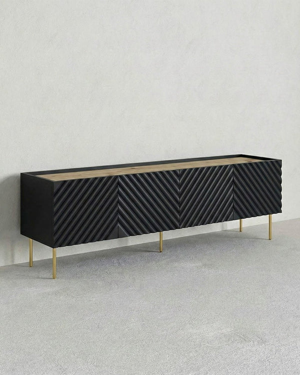 Madia Delfi - Set Marea - Mobile Tv moderno - 4 ante - L. 200 cm x H. 54 cm x P.40 cm - Nero, piedini color oro - doomostore