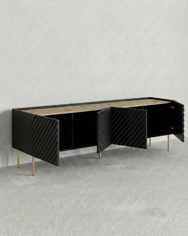 Madia Delfi - Set Marea - Mobile Tv moderno - 4 ante - L. 200 cm x H. 54 cm x P.40 cm - Nero, piedini color oro - doomostore