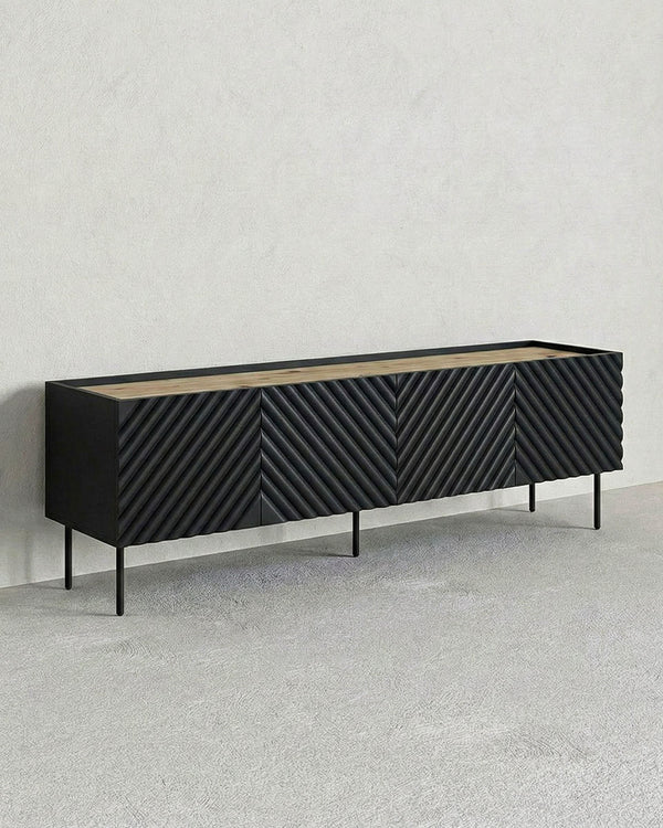 Madia Nerpa - Set Marea - Mobile Tv moderno - 4 ante - L. 200 cm x H. 54 cm x P.40 cm - Nero, piedini color nero - doomostore