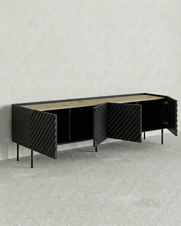 Madia Nerpa - Set Marea - Mobile Tv moderno - 4 ante - L. 200 cm x H. 54 cm x P.40 cm - Nero, piedini color nero - doomostore