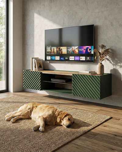Madia Octa - Set Marea - Mobile Tv sospeso moderno - Vano con ripiano a vetro incluso - 2 ante - L. 181 cm x H. 39 cm x P.40 cm - Verde