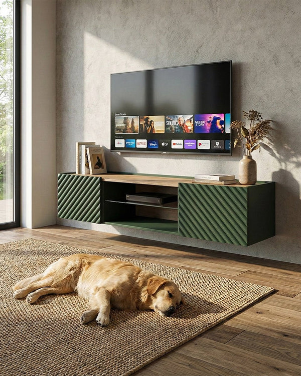 Madia Octa - Set Marea - Mobile Tv sospeso moderno - Vano con ripiano a vetro incluso - 2 ante - L. 181 cm x H. 39 cm x P.40 cm - Verde - doomostore