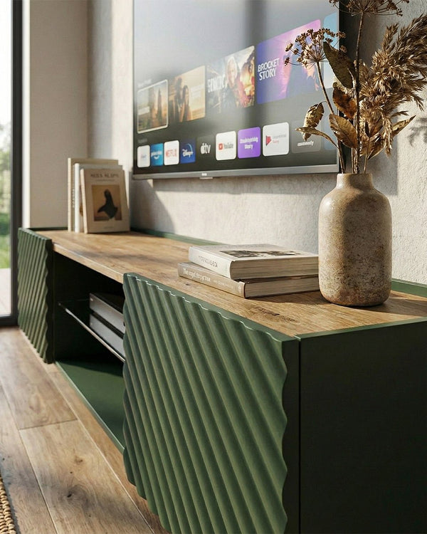 Madia Octa - Set Marea - Mobile Tv sospeso moderno - Vano con ripiano a vetro incluso - 2 ante - L. 181 cm x H. 39 cm x P.40 cm - Verde - doomostore