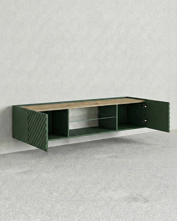 Madia Octa - Set Marea - Mobile Tv sospeso moderno - Vano con ripiano a vetro incluso - 2 ante - L. 181 cm x H. 39 cm x P.40 cm - Verde - doomostore