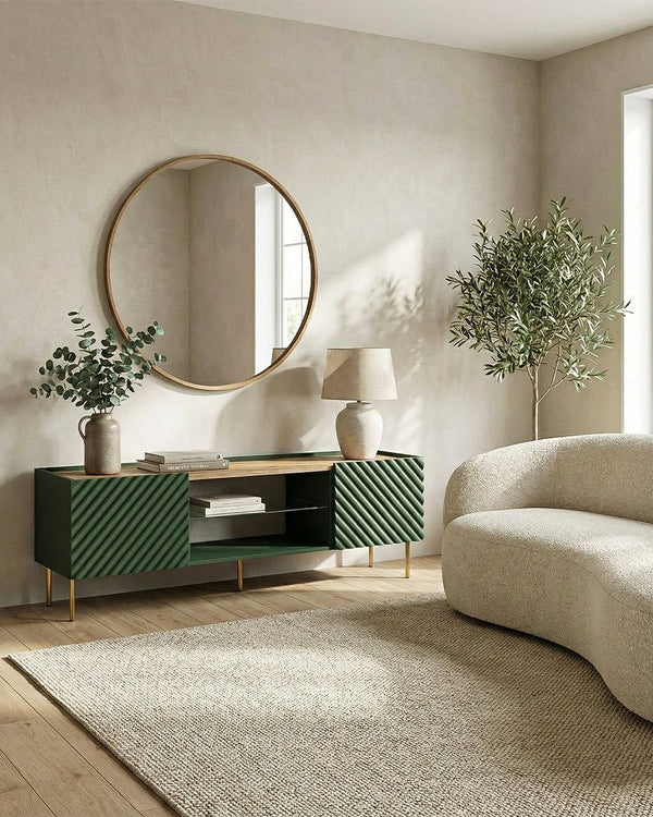 Madia Raya - Set Marea - Mobile Tv moderno - Vano con ripiano a vetro incluso - 2 ante - L. 181 cm x H. 58 cm x P.40 cm - Verde, piedini color oro - doomostore