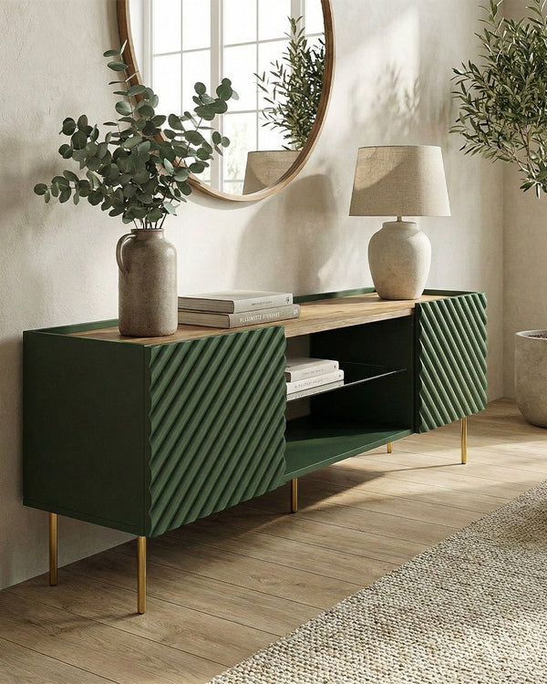 Madia Raya - Set Marea - Mobile Tv moderno - Vano con ripiano a vetro incluso - 2 ante - L. 181 cm x H. 58 cm x P.40 cm - Verde, piedini color oro - doomostore