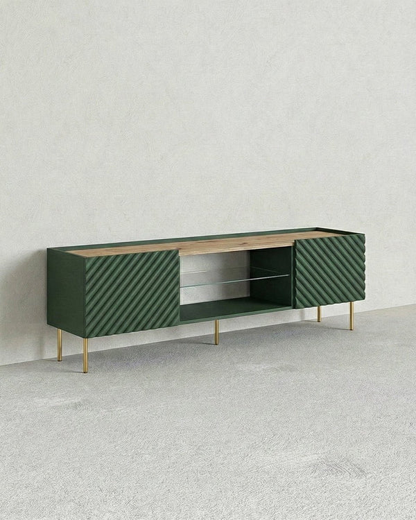 Madia Raya - Set Marea - Mobile Tv moderno - Vano con ripiano a vetro incluso - 2 ante - L. 181 cm x H. 58 cm x P.40 cm - Verde, piedini color oro - doomostore