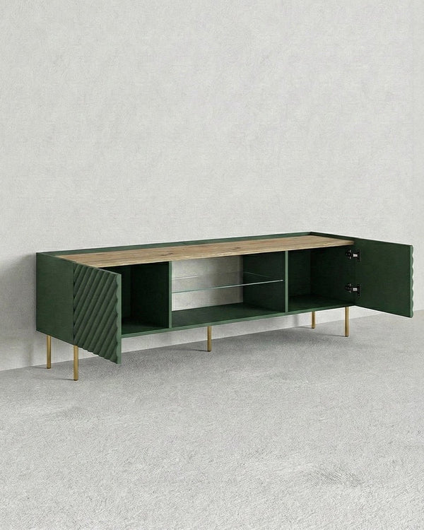 Madia Raya - Set Marea - Mobile Tv moderno - Vano con ripiano a vetro incluso - 2 ante - L. 181 cm x H. 58 cm x P.40 cm - Verde, piedini color oro - doomostore