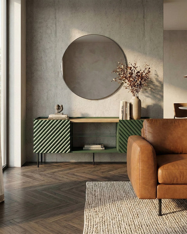 Madia Antho - Set Marea - Mobile Tv moderno - Vano con ripiano a vetro incluso - 2 ante - L. 181 cm x H. 58 cm x P.40 cm - Verde, piedini color nero - doomostore