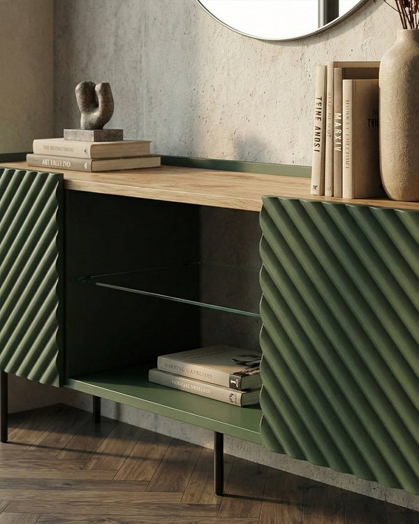 Madia Antho - Set Marea - Mobile Tv moderno - Vano con ripiano a vetro incluso - 2 ante - L. 181 cm x H. 58 cm x P.40 cm - Verde, piedini color nero - doomostore